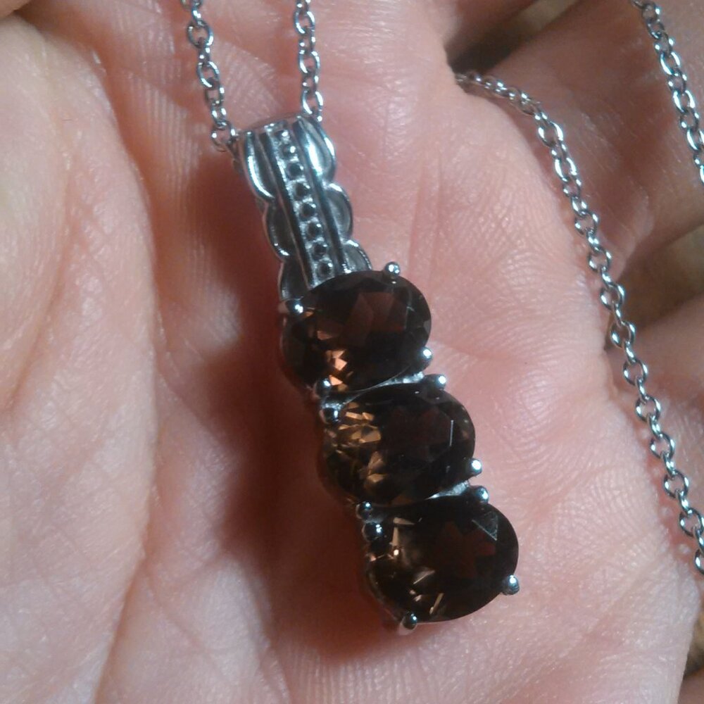Brazilian Smokey Quartz Three Stone Stainless Steel Pendant Necklace - Picture 10 of 14